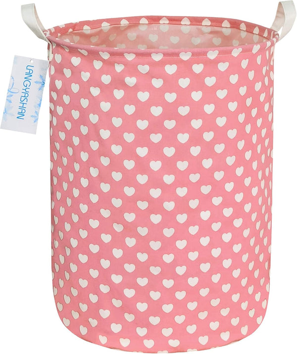 LANGYASHAN Laundry Basket, Canvas Fabric Collapsible Organizer for Storage, Toy Bins, Gift Baskets (Pink Heart)