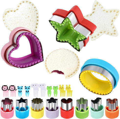 Sandwich Cutter and Sealer, Round Heart Star 3Pcs Shapes Decruster Press Mold + 8pcs Mini Vegetable Cookie Cutters