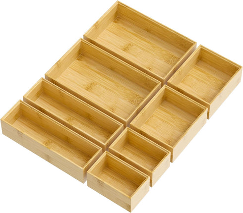 Bathroom Drawer Organizer Trays, 8 PCS Bamboo Stackable Drawer Bins for Kitchen Utensils and Makeup
