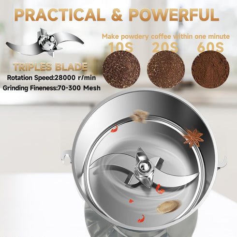 MELVTATA 350g 1500W Grain Grinder Electric Spice Grinder High-Speed Stainless Steel Flour Mill Suitable