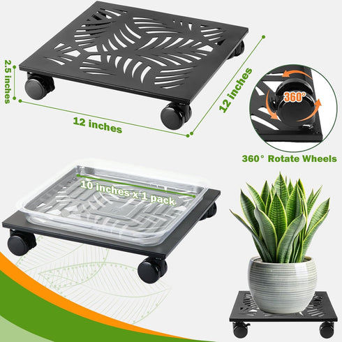 1 Pack 12" Metal Square Plant Caddy with Wheels Large Iron Rolling Plant Stand with Casters Heavy-Duty Plant Dolly