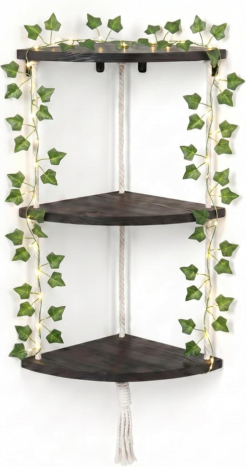 3-Tier REFGY Corner Floating Shelves with Aesthetic Greenery & Fairy Lights - Premium Wood-Textured Boho Wall Hanging
