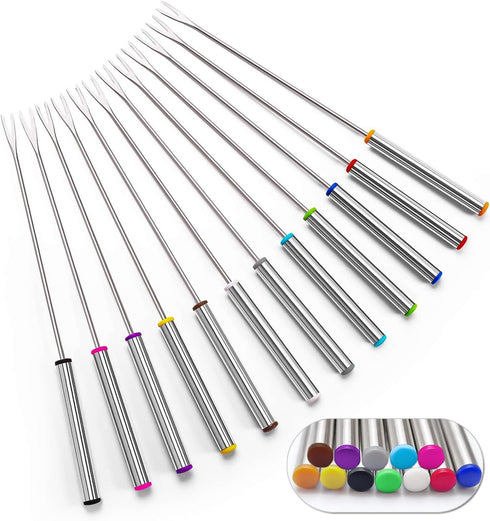 Set of 12 Stainless Steel Fondue Forks, 9.5", Color Coded Cheese Fondue Forks, Heat Resistant Handle