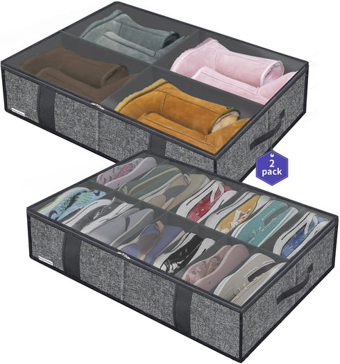 Large Under Bed Boots Shoes Storage Organizer Set of 2 (14+4 Pairs), Heavy Duty Foldable Fabric Shoe Container Box with