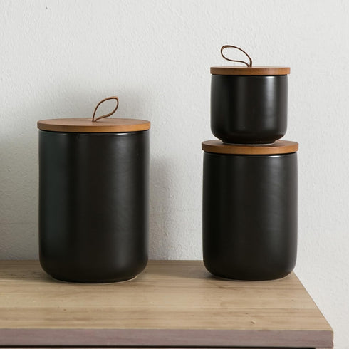 Canister Sets for Kitchen, Black Ceramic Kitchen Canisters with Airtight Wood Lids, Set of 3 for Flour and Sugar