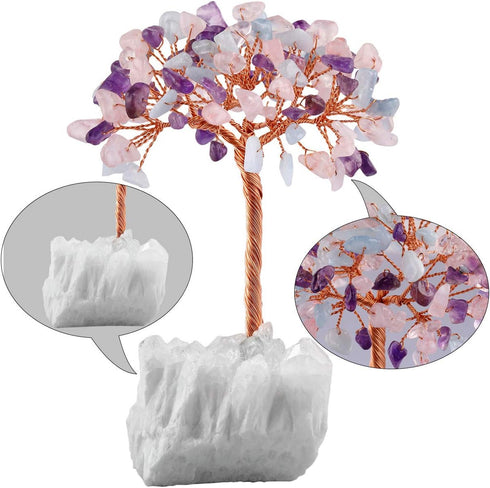 mookaitedecor Amethyst & Rose Quartz & Aquamarine Crystal Tree on Rock Crystal Cluster, Money Tree of Life Decoration
