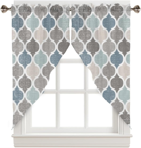Swag Curtains Fall Valances for Windows, Geometric Vintage Moroccan Patterned Valances, 28"x36"x2, Washable Kitchen