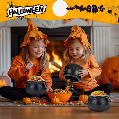 Halloween Party Decor - Set of 3 Witches Cauldron Serving Bowls on Rack, Black Plastic Cauldron with Skeletons