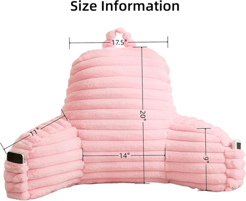 Memfydu Faux Fur Fluffy Pink Reading Pillow with Pockets, Luxury Striped Plush Decorative, Arm Rests and Back Support