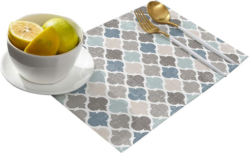 ALAGEO Retro Moroccan Plaid Placemats Set of 6 for Dining Table, Cotton Linen Geometric Quatrefoil Blue Beige Grey