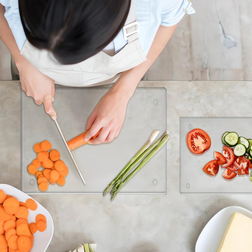 Tempered Glass Cutting Boards Set of 2, Clear Non-Slip Feet, Heat & Scratch Resistant, 12"x16" & 8"x12"