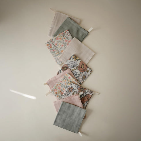 5-Pack mushie Muslin Organic Cotton Washcloths (Retro Flowers Combo) | Soft Wipes for Baby Cleanups and Bathing