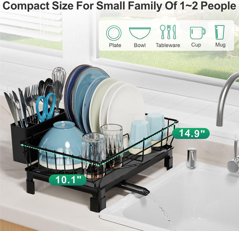 GSlife Dish Drying Rack for Kitchen Counter - Compact Dish Drainer with Utensil Holder and Drain Spout, Black