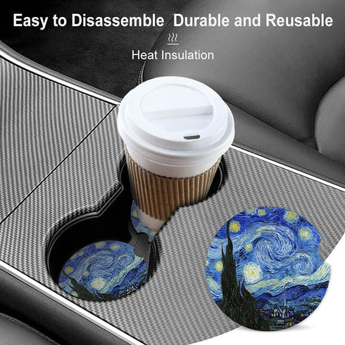 Ceramic Car Coasters for Women/Men, Absorbent Drink Cup Holders with Finger Notch, Pack of 2, Starry Night