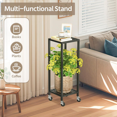 2 LASZOLA Tier Black Metal Plant Stand Indoor Outdoor with Wheel for Large Planter, Modern Heavy Duty Tall Rolling Rack