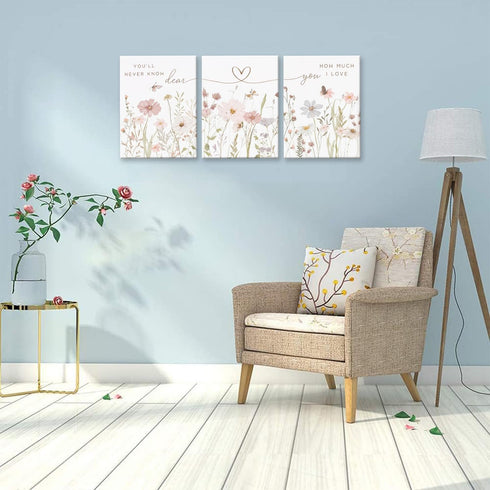 DAXINGJ Set 3, 24x16 Rustic Floral Wall Art of Watercolor Wildflower Prints with Heart Line and Inspirational Quotes