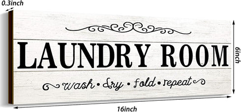 Laundry Room Decor Sign, Wooden Rustic Farmhouse Family Wall Sign, Wash Dry Fold Repeat, 16 x 6 Inches, White