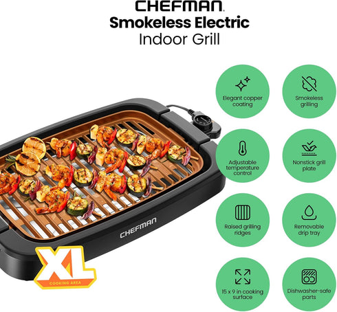 Chefman Smokeless Indoor Electric Grill, Extra Large Nonstick Table Top Grill with Adjustable Temperature Control