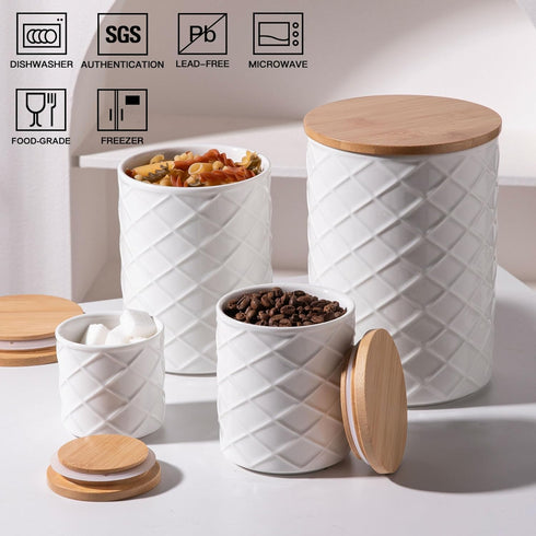 Sets Countertop, Pack 4 Sweejar Ceramic Canisters for Kitchen Relief Food Storage Jar with Bamboo Lid, Stackable