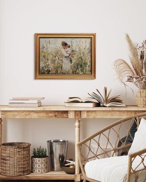 12x16 Vintage Gold Frame Mom Holding Baby Canvas Print Wall Art, Impressionist Framed Motherhood Oil Painting Artwork