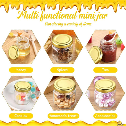 Funnymoom 50 Set 1.5 oz Mini Honey Jars Party Favors in Bulk Hexagon Glass Honey Jar with Dipper Bee Charms Thank You