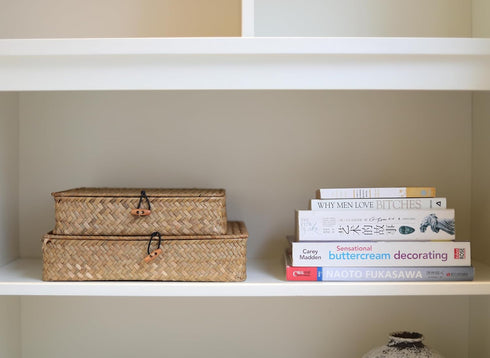Set 2 DOKOT Flat Seagrass Storage Bins with Lid, Wicker Basket for Shelf Organize, of (Small+Large)