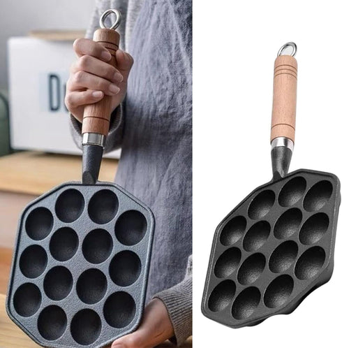 Takoyaki Pan, 14 Holes Cast Iron Nonstick Grill Pan, Detachable Handle, Octopus Meat Balls Maker
