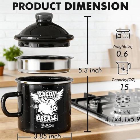 15OZ 15OZ) PGYARD Mini Bacon Grease Container With Strainer - Farmhouse Enamel Grease Saver (Black