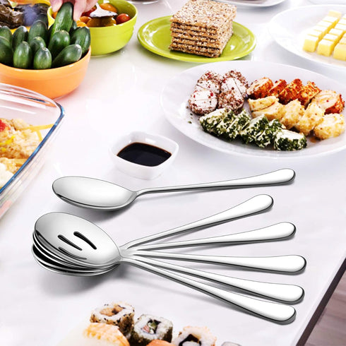 LIANYU Large Serving Spoons and Forks Set of 12, Stainless Steel Buffet Catering Dinner Party Slotted Serving Spoon Fork, 9.8 Inch, Mirror Finished, Dishwasher Safe