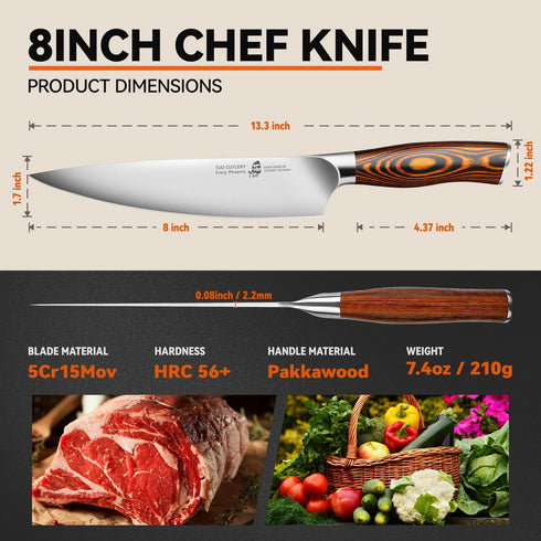 TUO 8 Inch Chef Knife - Sharp Kitchen Knife with Pakkawood Handle, High Carbon Steel, Gift Box