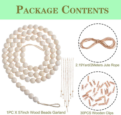 Wall Hanging Photo Display with Wood Beads Garland, Collage Picture Frame with 30 Clips for Rustic Home, Office &