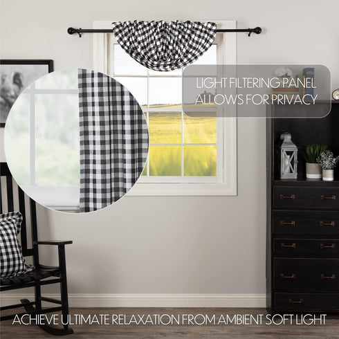 VHC Brands Annie Buffalo Check Cotton Farmhouse Kitchen Curtains Rod Pocket Balloon Valance, 15x60, Black