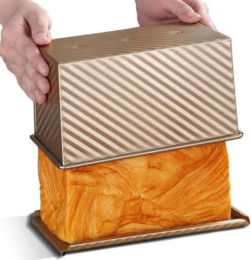 Pullman Loaf Pan with Lid, Non-Stick Bakeware Golden Corrugated Carbon Steel Bread Toast Box Mold with Cover for Baking Bread, 1 lb Dough Capacity by Cayanmydery