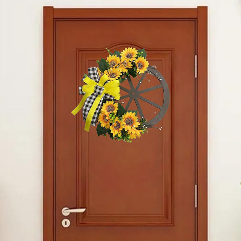 Sunflower Wagon Wheel Wreath for Front Door, Wooden Wheel Wreath with Sunflower and Bow, Spring Wheel Wreath, Wall Home Porch Farmhouse Decor Outdoor Decorations, 17.7in