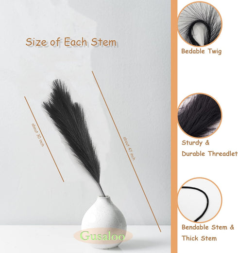 Artificial Faux Pampas Grass Large Bundle of 3, 47"/120cm Tall Fluffy Stems for Living Room Kitchen Boho Decor - Black
