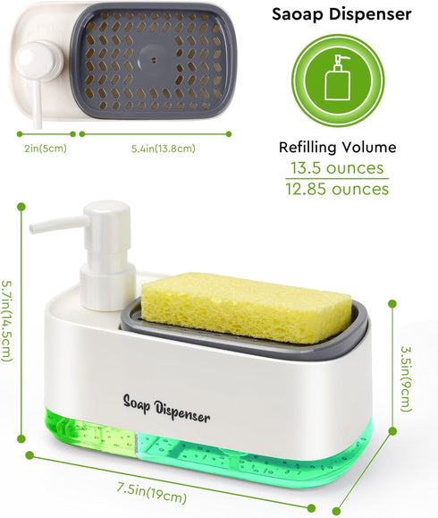 Hand and Dish Soap Dispenser Set, Dual Soap Pump with Sponge Holder for Kitchen Sink, 3-in-1 Gadgets - White