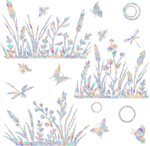 Flower and Grass Window Decals for Bird Strikes, Non-Adhesive Reusable Vinyl Rainbow Stickers to Save Birds.