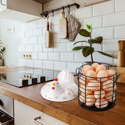 Hiceeden Metal Wire Chicken Egg Storage Basket, Decorative Fresh Egg Holder with Ceramic Chicken Design Lid, Portable