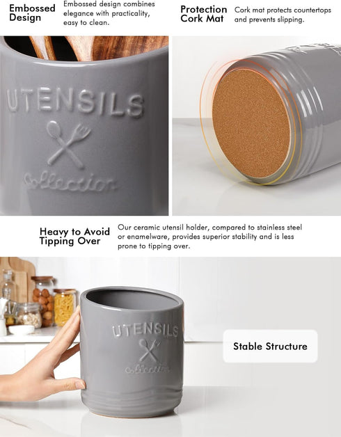 AISBUGUR Large Grey Ceramic Utensil Holder, 7.5" H×6.3" W with Non-Slip Cork Base for Kitchen Counter