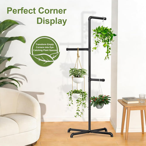 Hanging Plant Stand, Plant Hanger Indoor, Corner Hanging Plant Stand, Black Metal Holder for Bedroom, Living Room