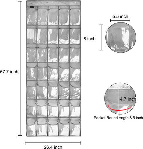 2 Pack 35 Closet 8Hooks, Clear Crystal Pockets Large Hanging Shoe Organizer Over The Door Shoe Rack for Door Storage
