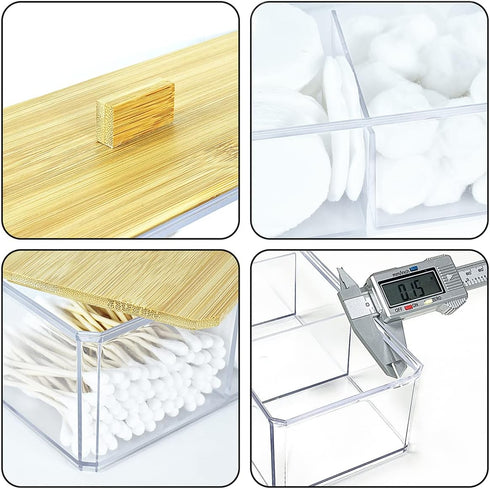 Acrylic Qtip Holder Dispenser with Wood Lid, 3 Compartment Bathroom Organizer for Cotton Swabs and Pads, Countertop