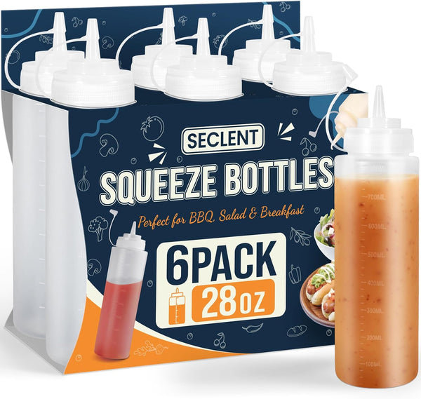 SECLENT 28 oz Condiment Squeeze Bottles, Salad Dressing Container, Ketchup and Mustard Bottles