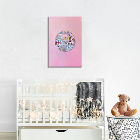 Generic 70s 12x16in Trendy Soft Pink Disco Ball Canvas Wall Art Funky Girl Silver Mirrorball Textured Poster Maximalist