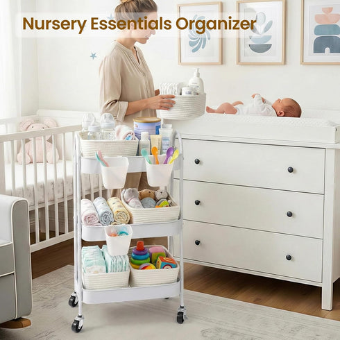 3-Tier 4 Rolling Utility Cart with Woven Baskets, Diaper Book Snack Cart, Storage Organizer for Nursery, Kitchen, Craft