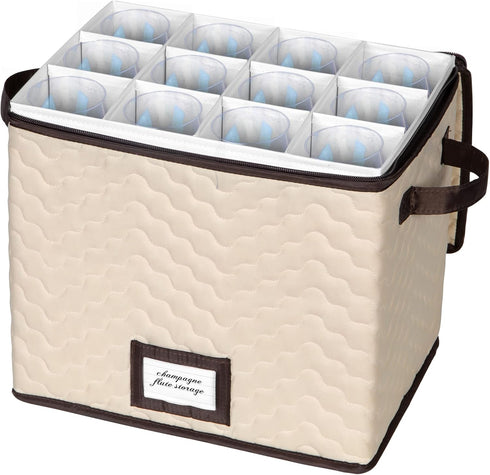 Wine Glass Storage Box with Dividers - Holds 12 Champagne Flute Glasses up to 10" Tall, Durable Quilted Microfiber Bin
