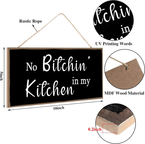 Jetec 2 Pieces Funny Kitchen Signs, No Bitchin in My Kitchen Rustic Wooden Wall Art Decoration, 10 x 5 Inch (Stylish)