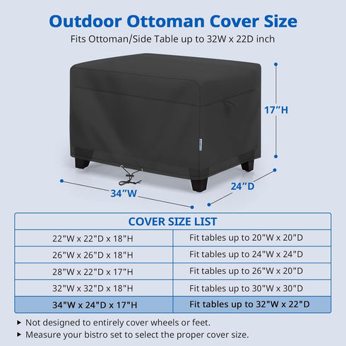 34W 24D 17H, SunPatio Outdoor Ottoman Cover, Waterproof Rectangle Coffee Table Cover, Patio Furniture Covers Side Table