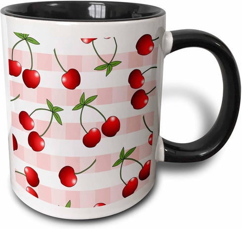 3dRose Juicy Red Cherries on Pink Check-Two Tone Black Mug, 11-Ounce, Multicolored