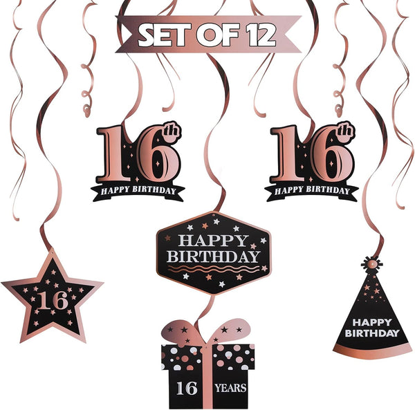 LINGTEER Happy 16th Birthday Decorations - 12 Pcs Black & Rose Gold Foil Swirls Streamer Set for Bday Party
